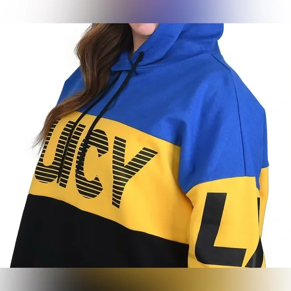 Juicy Couture Juice Pullover Hoodie Womens Size XL Blue And Yellow Oversized - Picture 2 of 13